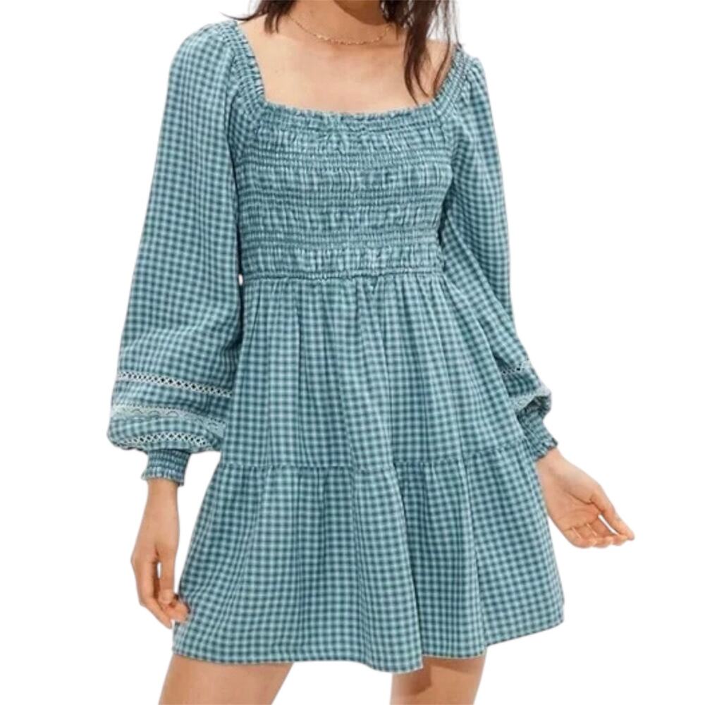 American Eagle Blue Gingham Smocked Mini Dress Cottagecore Boho Size Medium